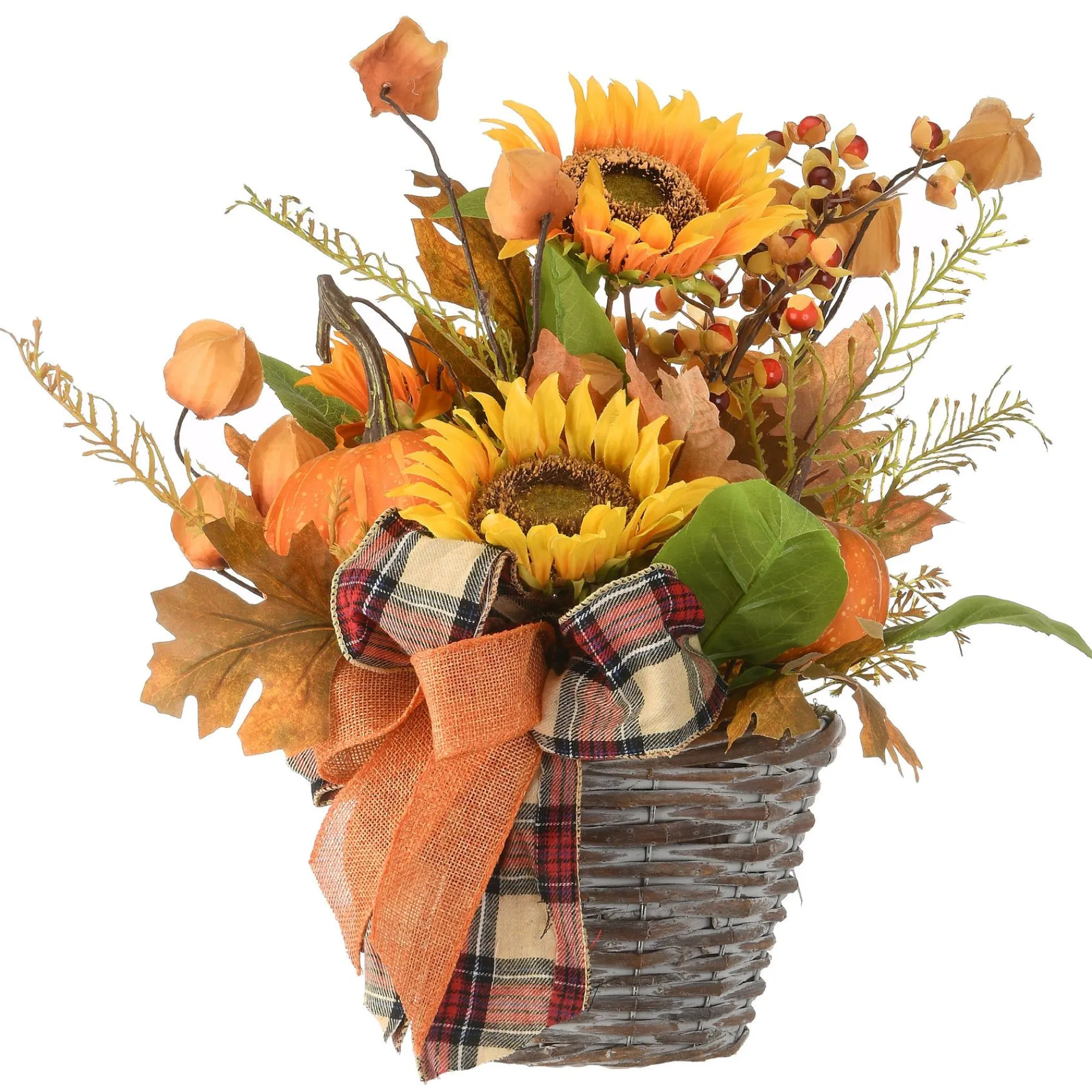 Harvest Accessories-National Tree Company Artificial Flowers In Wicker Basket, Decorated With Pumpkins, Gourds, Sunflower Blooms, Burlap Bows, Maple Leaves, Autumn Collection, 16 In