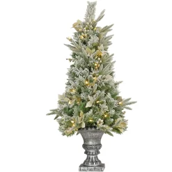 Warm White Led-National Tree Company Artificial Frosted Colonial Fir Entrance Christmas Tree With Berries And Poinsettia Flowers, Pre-Lit With Warm White Led Lights, Plug In, 4 Ft