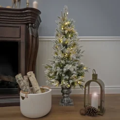 Warm White Led-National Tree Company Artificial Frosted Colonial Fir Entrance Christmas Tree With Berries And Poinsettia Flowers, Pre-Lit With Warm White Led Lights, Plug In, 4 Ft