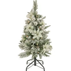 Slim-National Tree Company Artificial Frosted Colonial Pencil Slim Hinged Christmas Tree With Berries And Poinsettia Flowers, Pre-Lit With Clear Incandescent Lights, Plug In, 3 Ft