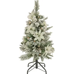 National Tree Company Slim^Artificial Frosted Colonial Pencil Slim Hinged Christmas Tree With Berries And Poinsettia Flowers, Pre-Lit With Clear Incandescent Lights, Plug In, 3 Ft