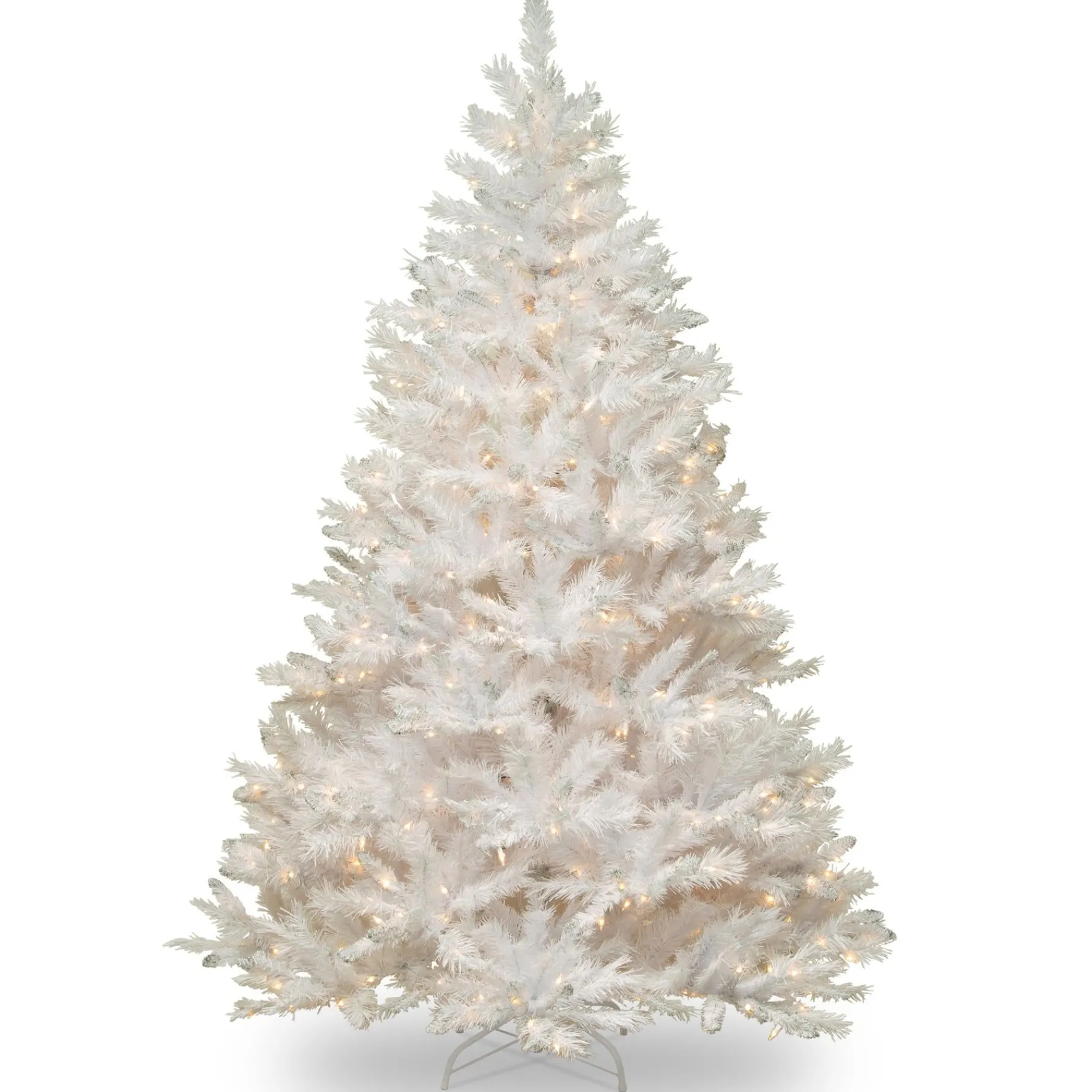Full-National Tree Company Artificial Full Christmas Tree, White, Winchester Pine, Silver Glitter, White Lights, Includes Stand, 7.5 Feet