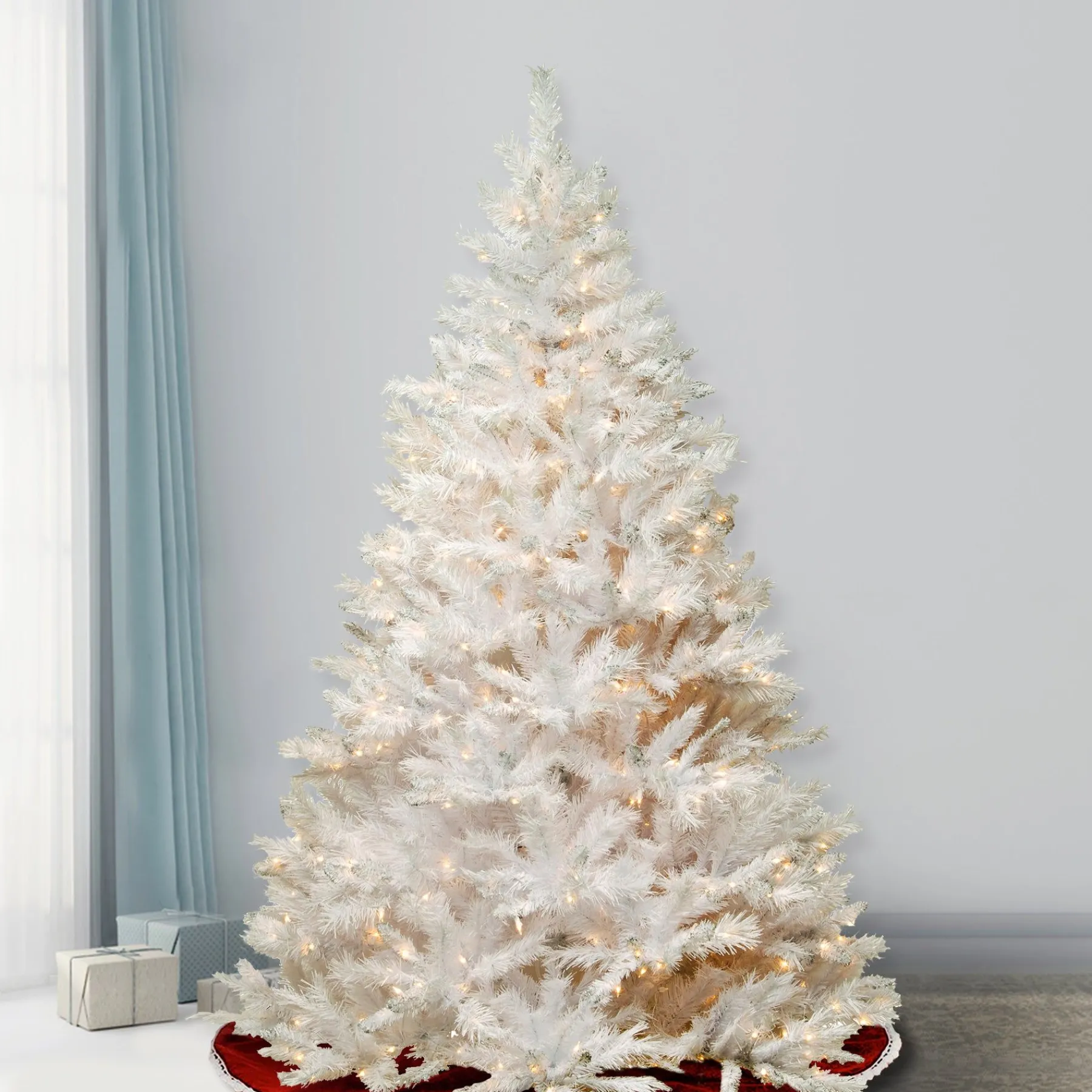 Full-National Tree Company Artificial Full Christmas Tree, White, Winchester Pine, Silver Glitter, White Lights, Includes Stand, 7.5 Feet