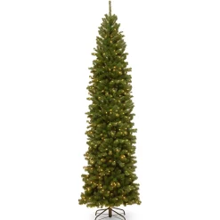 Slim-National Tree Company Artificial Giant Slim Christmas Tree, Green, North Valley Spruce, White Lights, Includes Stand, 10 Feet