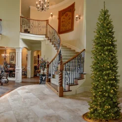 Slim-National Tree Company Artificial Giant Slim Christmas Tree, Green, North Valley Spruce, White Lights, Includes Stand, 10 Feet