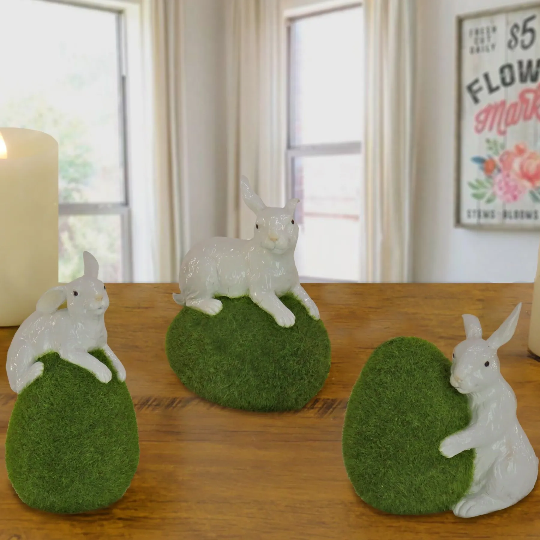 Easter Table Decor-National Tree Company Artificial Green Moss Eggs, Includes White Bunnies, Set Of Three, Easter Collection, 7 Inches