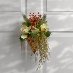 Hanging Flower Plants-National Tree Company Artificial Hanging Cone Basket, Wicker Base, Decorated With Green Flowers, Ivy, Berry Clusters, Pine Cones, Spring Collection, 11 Inches