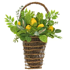 Hanging Plants-National Tree Company Artificial Hanging Wall Basket, Wicker Base, Decorated With Lemons, Seed Pods, Leafy Greens, Spring Collection, 21 Inches