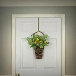 Hanging Plants-National Tree Company Artificial Hanging Wall Basket, Wicker Base, Decorated With Lemons, Seed Pods, Leafy Greens, Spring Collection, 21 Inches