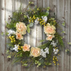 Flower Wreaths-National Tree Company Artificial Hanging Wreath, Woven Branch Base, Decorated Pink And White Flower Blooms, Yellow Berry Clusters, Fern Fronds, Spring Collection, 20 Inches