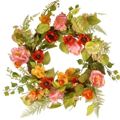 Flower Wreaths-National Tree Company Artificial Hanging Wreath, Woven Branch Base, Decorated With Assorted Flowers, Fern Fronds, Leafy Greens, Spring Collection, 22 Inches