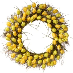 Flower Wreaths-National Tree Company Artificial Hanging Wreath, Woven Branch Base, Decorated With Yellow Tulip Blooms, Flowing Green Stems, Spring Collection, 32 Inches