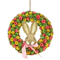 Easter Wreath-National Tree Company Artificial Hanging Wreath, Foam Base, Decorated With Colorful Flower Blooms, Ribbon, Bunny Head, Easter Collection, 16 Inches