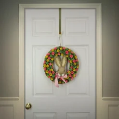 Easter Wreath-National Tree Company Artificial Hanging Wreath, Foam Base, Decorated With Colorful Flower Blooms, Ribbon, Bunny Head, Easter Collection, 16 Inches