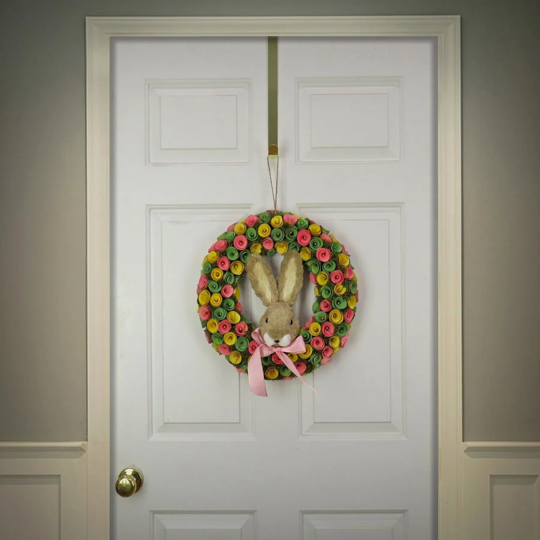 Easter Wreath-National Tree Company Artificial Hanging Wreath, Foam Base, Decorated With Colorful Flower Blooms, Ribbon, Bunny Head, Easter Collection, 16 Inches