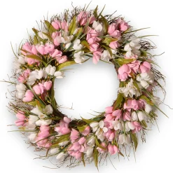 Flower Wreaths-National Tree Company Artificial Hanging Wreath, Woven Branch Base, Decorated With Pink And White Tulips, Flowing Green Stems, Spring Collection, 21 Inches