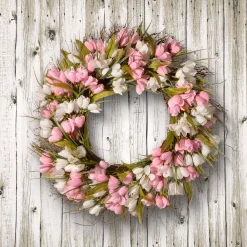 Flower Wreaths-National Tree Company Artificial Hanging Wreath, Woven Branch Base, Decorated With Pink And White Tulips, Flowing Green Stems, Spring Collection, 21 Inches