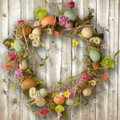 Easter Wreath-National Tree Company Artificial Hanging Wreath, Decorated With Eggs, Flower Blooms, Branches, Easter Collection, 18 Inches