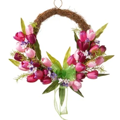 Flower Wreaths-National Tree Company Artificial Hanging Wreath, Woven Branch Base, Decorated With Pink And Purple Tulip Blooms, Green Ribbon, Leafy Greens, Spring Collection, 20 Inches