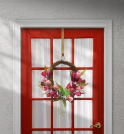 Flower Wreaths-National Tree Company Artificial Hanging Wreath, Woven Branch Base, Decorated With Pink And Purple Tulip Blooms, Green Ribbon, Leafy Greens, Spring Collection, 20 Inches