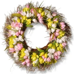 Flower Wreaths-National Tree Company Artificial Hanging Wreath, Woven Branch Base, Decorated With Pink, Yellow And White Tulips, Flowing Green Stems, Spring Collection, 21 Inches