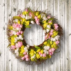 Flower Wreaths-National Tree Company Artificial Hanging Wreath, Woven Branch Base, Decorated With Pink, Yellow And White Tulips, Flowing Green Stems, Spring Collection, 21 Inches