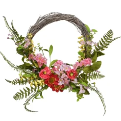 Flower Wreaths-National Tree Company Artificial Hanging Wreath, Woven Branch Base, Decorated Red And Pink Flower Blooms, Yellow Berry Clusters, Fern Fronds, Spring Collection, 20 Inches
