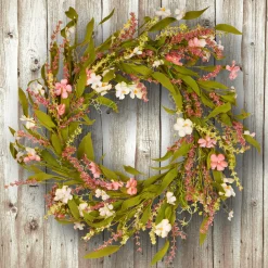 Flower Wreaths-National Tree Company Artificial Hanging Wreath, Woven Stem Base, Green, Decorated With Flower Blooms, Seed Pods, Leafy Greens, Spring Collection, 22 Inches