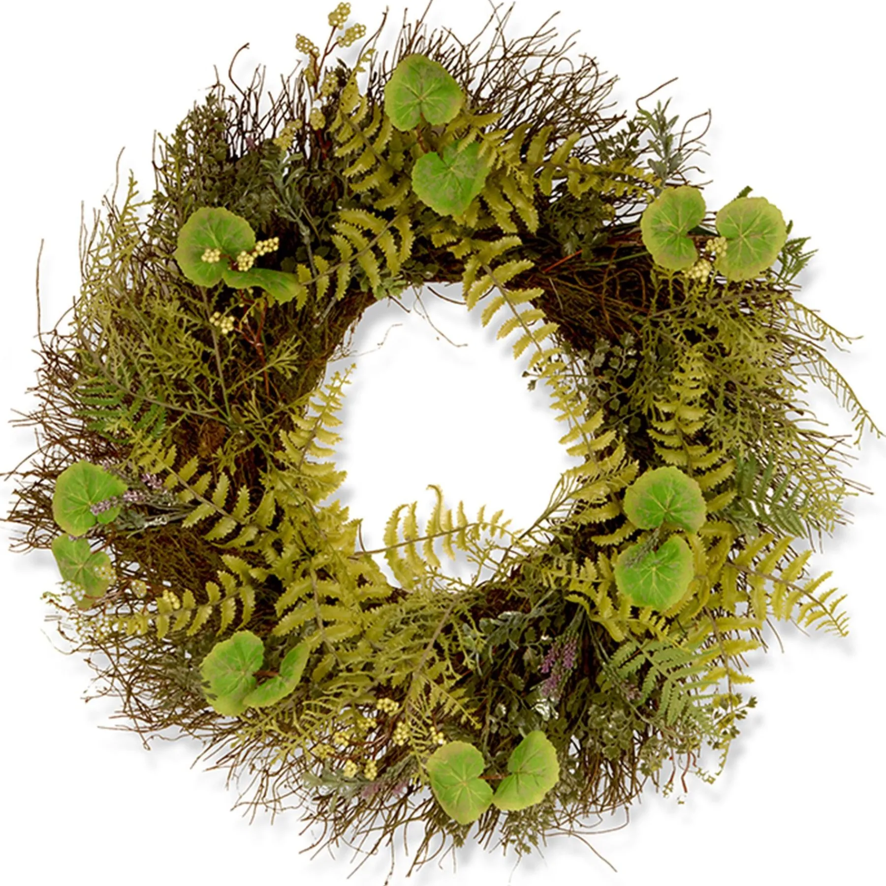 Greenery Wreaths-National Tree Company Artificial Hanging Wreath, Green, Woven Branch Base, Decorated With Fern Leaves, Lavender, Leafy Greens, Spring Collection, 24 Inches