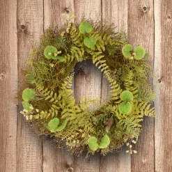 Greenery Wreaths-National Tree Company Artificial Hanging Wreath, Green, Woven Branch Base, Decorated With Fern Leaves, Lavender, Leafy Greens, Spring Collection, 24 Inches