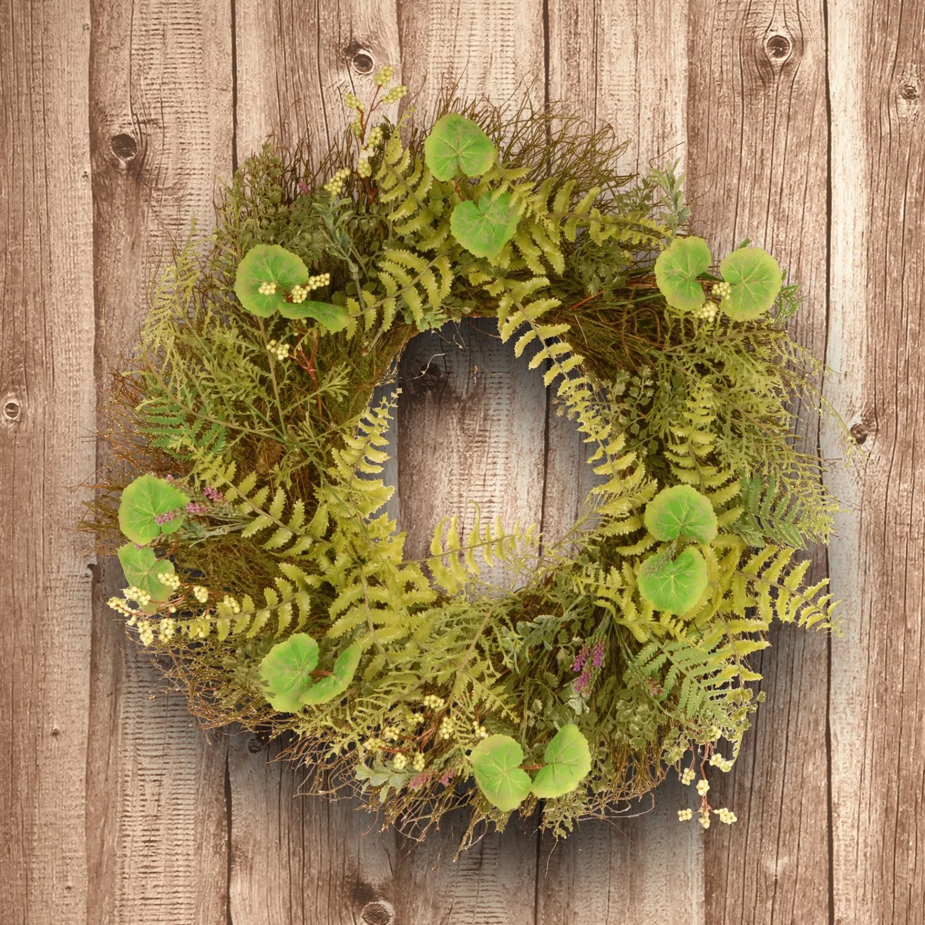 Greenery Wreaths-National Tree Company Artificial Hanging Wreath, Green, Woven Branch Base, Decorated With Fern Leaves, Lavender, Leafy Greens, Spring Collection, 24 Inches