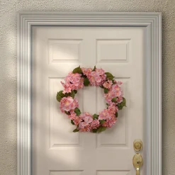 Flower Wreaths-National Tree Company Artificial Hanging Wreath, Woven Branch Base, Decorated With Pink Hydrangea Blooms, Berry Clusters, Leafy Greens, Spring Collection, 24 Inches