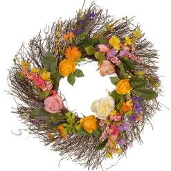 Flower Wreaths-National Tree Company Artificial Hanging Wreath, Woven Branch Base, Decorated With Flower Blooms, Berry Clusters, Leaves, Spring Collection, 24 Inches