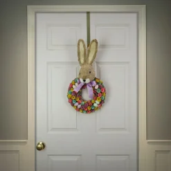 Easter Wreath-National Tree Company Artificial Hanging Wreath, Foam Base, Decorated With Colorful Flower Blooms, Pastel Eggs, Ribbon, Bunny Head, Easter Collection, 24 Inches
