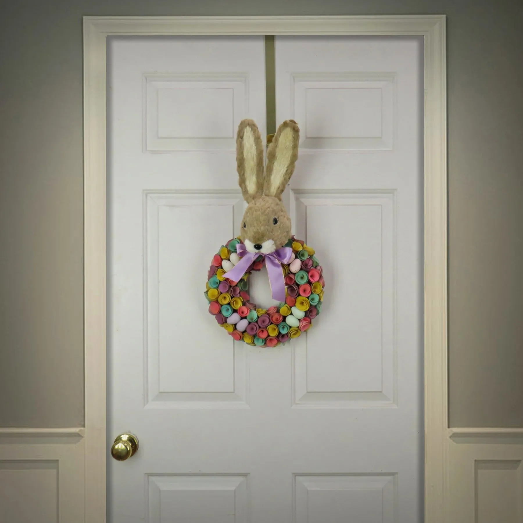Easter Wreath-National Tree Company Artificial Hanging Wreath, Foam Base, Decorated With Colorful Flower Blooms, Pastel Eggs, Ribbon, Bunny Head, Easter Collection, 24 Inches