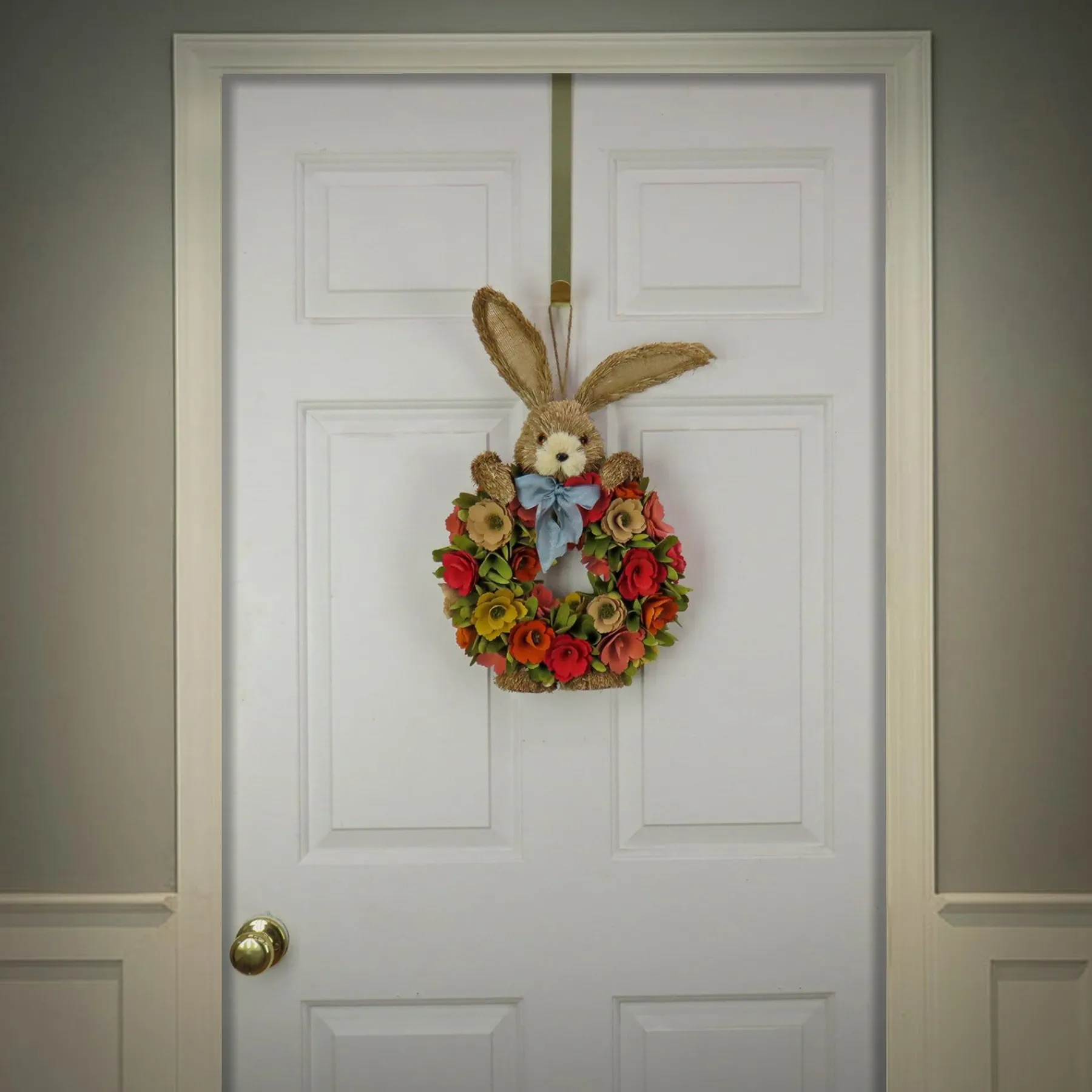 Easter Wreath-National Tree Company Artificial Hanging Wreath, Foam Base, Decorated With Red, Orange And Green Flower Blooms, Bunny Head And Feet, Includes Hanging Loop, Easter Collection, 20 Inches