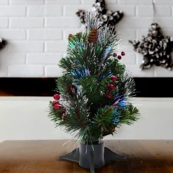 Full-National Tree Company Artificial Mini Christmas Tree, Green, Crestwood Spruce, Fiber Optic, Decorated With Pine Cones, Berry Clusters, Frosted Branches, Includes Stand, 18 Inches