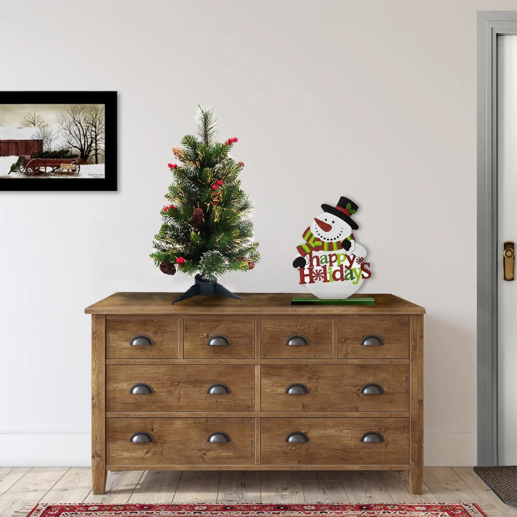 Fiber Optic-National Tree Company Artificial Mini Christmas Tree, Green, Crestwood Spruce, Fiber Optic, Decorated With Pine Cones, Berry Clusters, Frosted Branches, Includes Stand, 2 Feet