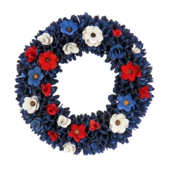 Patriotic Wreath-National Tree Company Artificial Patriotic Wreath Decoration, Blue, Decorated With Red, White And Blue Flower Blooms, Blue Petals, Fourth Of July Collection, 20 Inches