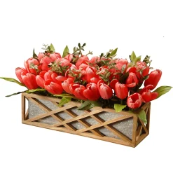Potted Flower Plants-National Tree Company Artificial Planter Box, Decorated With Pink And Red Tulip Blooms, Leafy Greens, Includes Ornate Natural Wooden Base, Spring Collection, 10 Inches