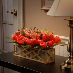 Potted Flower Plants-National Tree Company Artificial Planter Box, Decorated With Pink And Red Tulip Blooms, Leafy Greens, Includes Ornate Natural Wooden Base, Spring Collection, 10 Inches