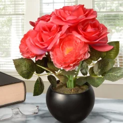 Potted Flower Plants-National Tree Company Artificial Potted Flowers, Pink Roses, Includes Black Base, Spring Collection, 9 Inches