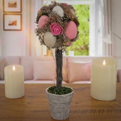 Easter Table Decor-National Tree Company Artificial Potted Plant, Decorated With Pastel Eggs, Berry Clusters, Leafy Greens, Includes Distressed Gray Pot, Easter Collection, 14 Inches