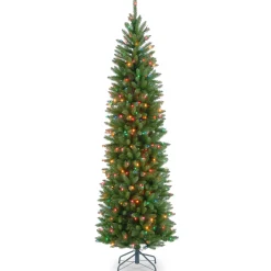 National Tree Company Slim^Artificial Pre-Lit Slim Christmas Tree, Green, Kingswood Fir, Multicolor Lights, Includes Stand, 7.5 Feet