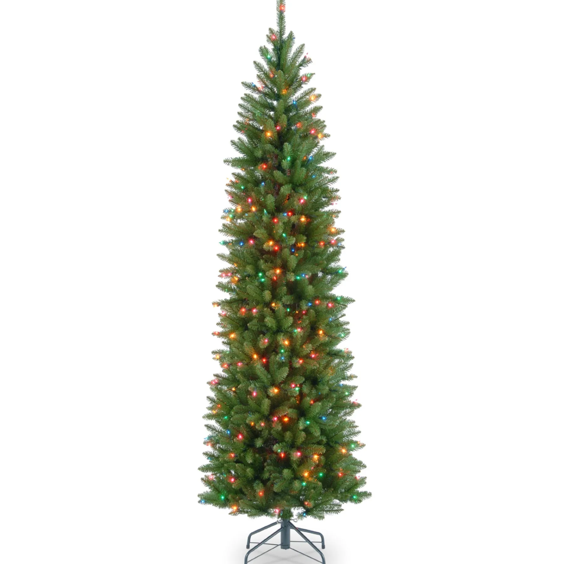 National Tree Company Slim^Artificial Pre-Lit Slim Christmas Tree, Green, Kingswood Fir, Multicolor Lights, Includes Stand, 7.5 Feet