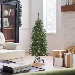 Slim-National Tree Company Artificial Pre-Lit Slim Christmas Tree, Green, Kingswood Fir, White Lights, Includes Stand, 4.5 Feet