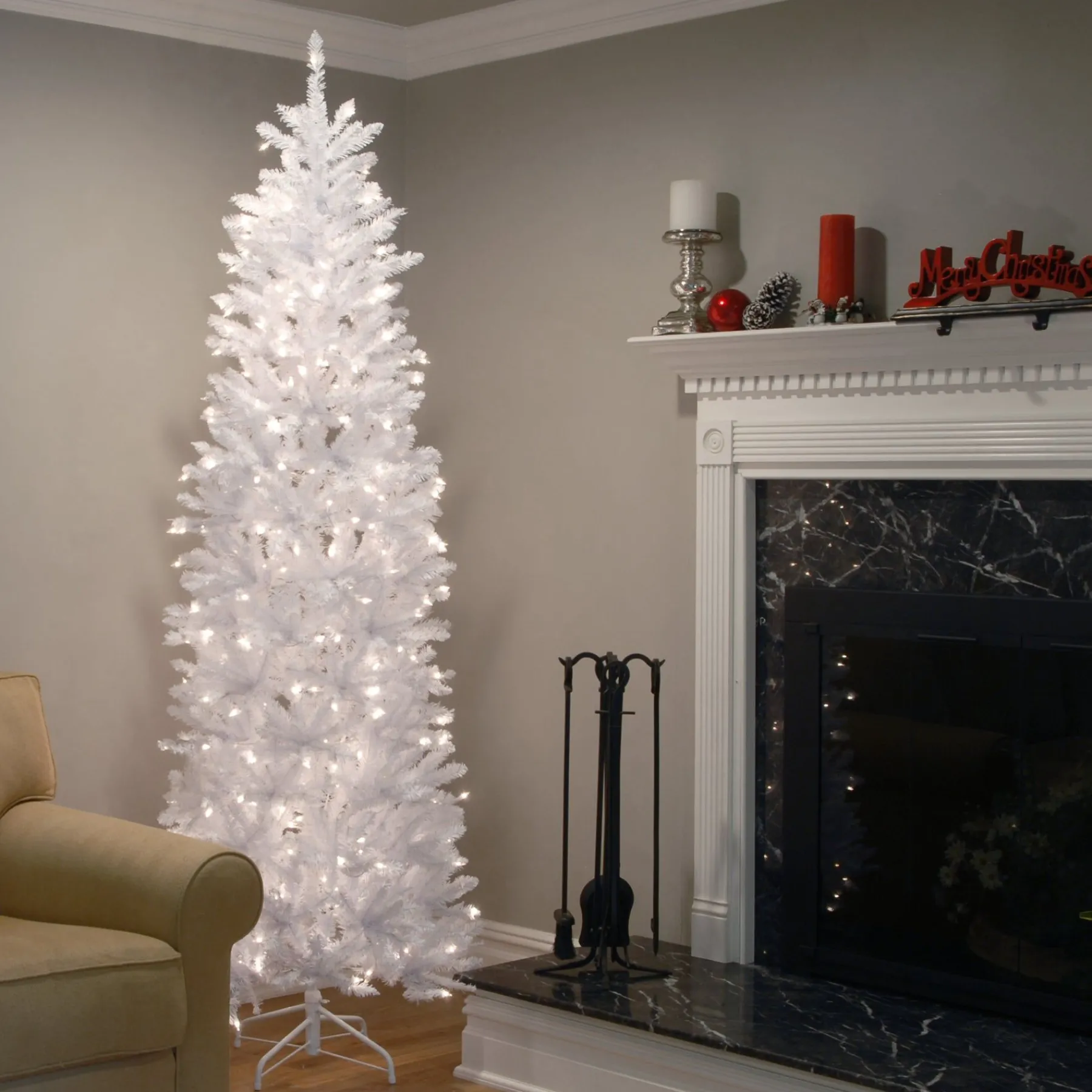 7Ft - 9Ft-National Tree Company Artificial Pre-Lit Slim Christmas Tree, White, Kingswood Fir, White Lights, Includes Stand, 7.5 Feet