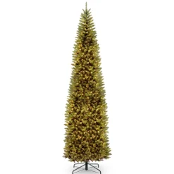 Slim-National Tree Company Artificial Pre-Lit Slim Christmas Tree, Green, Kingswood Fir, White Lights, Includes Stand, 10 Feet