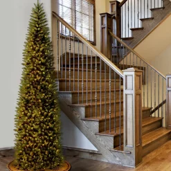 Slim-National Tree Company Artificial Pre-Lit Slim Christmas Tree, Green, Kingswood Fir, White Lights, Includes Stand, 10 Feet