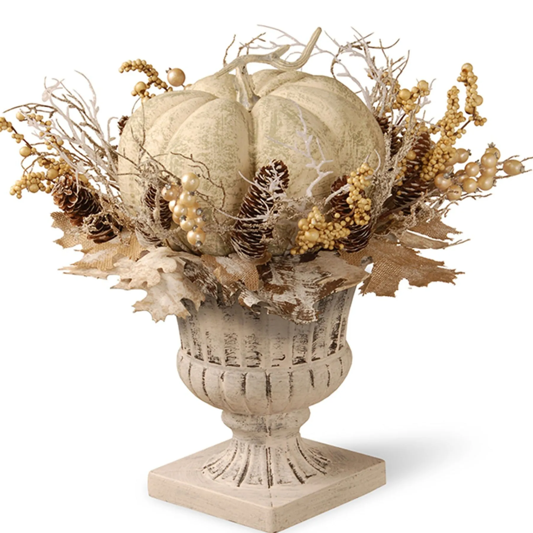 Harvest Accessories-National Tree Company Artificial Pumpkin Urn, Decorated With Pinecones, Berry Clusters, Branches, White, Autumn Collection, 18 In